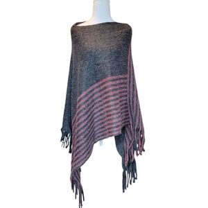 One Size Gray Red Stripe Color Block Fring Poncho Shrug Shawl